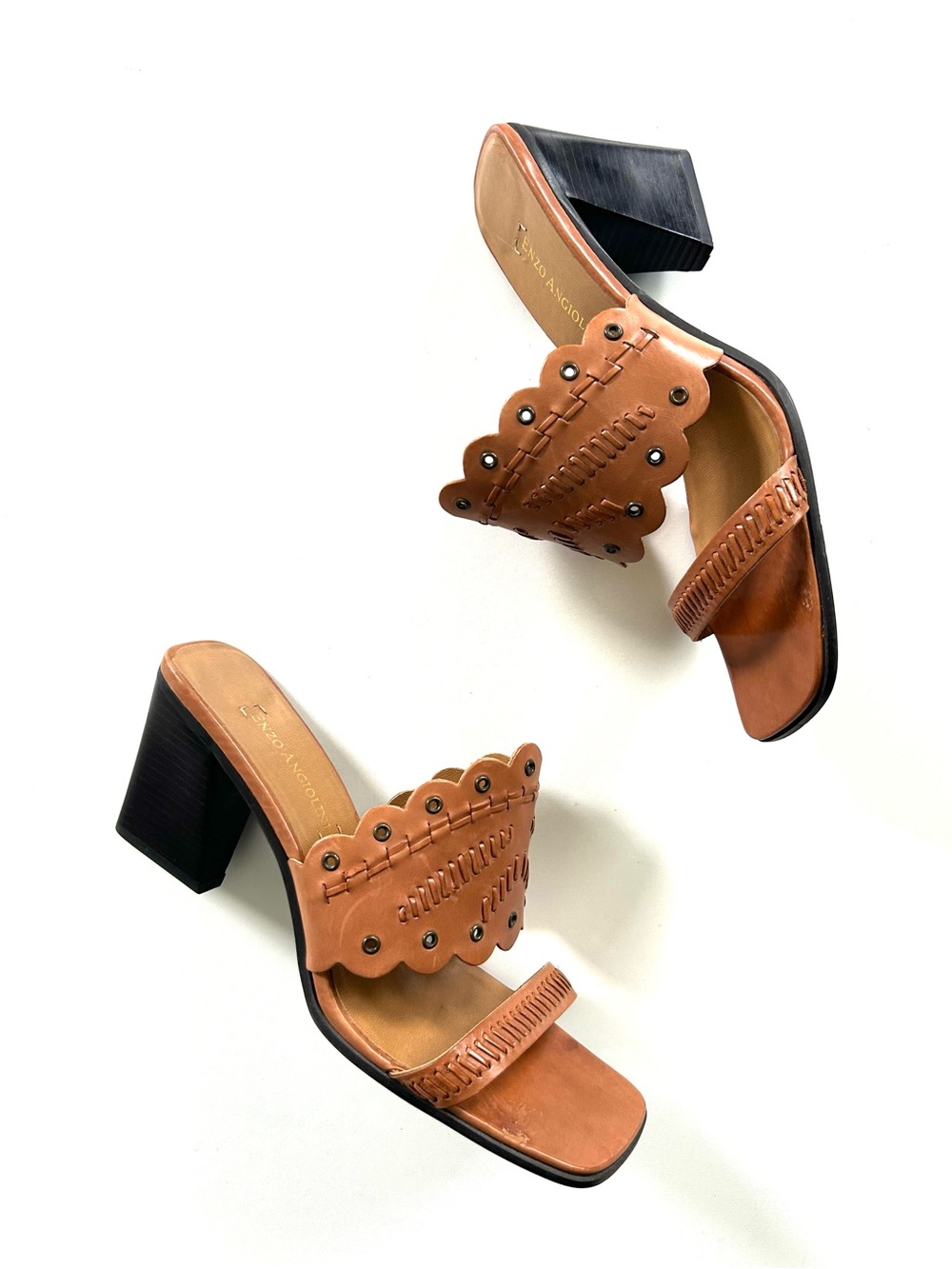Enzo Angiolini Tan Brown Genuine Leather Woven Studded Open Toe Slide Heels